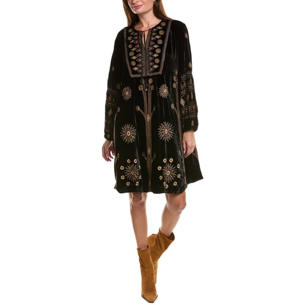 Johnny Was Black and Gold Embroidered Dress